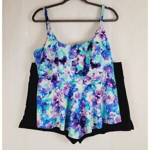 Azul womens blue floral swim top and black swim shorts size 22W
